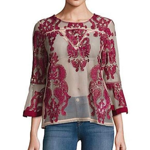 MINK PINK Sweetest Sound Sheer Mesh Embroidered Bell Sleeve Top Wine-Blush Sm - Picture 1 of 8